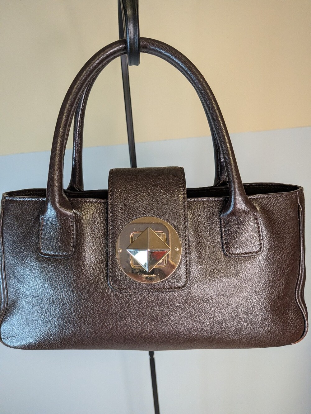 Vintage Kate Spade Chocolate Brown Pebbled Leather Satchel Pyramid Turnlock Y2K